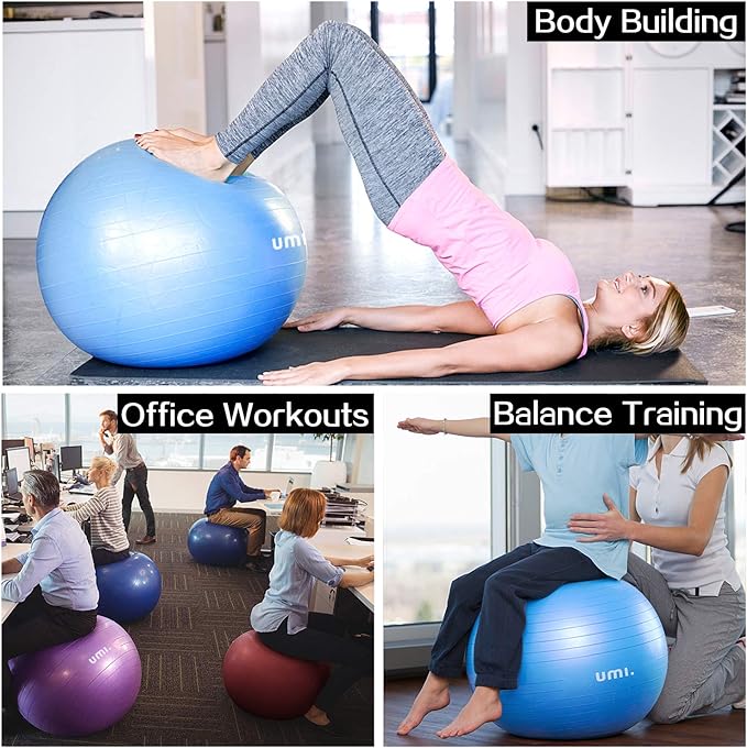 Umi. Balance Ball, 21.7 inches (55 cm), 25.6 inches (65 cm), 29.5 inches (75 cm), Anti-Burst, Thick, Anti-Slip, Load Capacity 660.1 lbs (300 kg), Hand Pump Included - BeesActive Australia