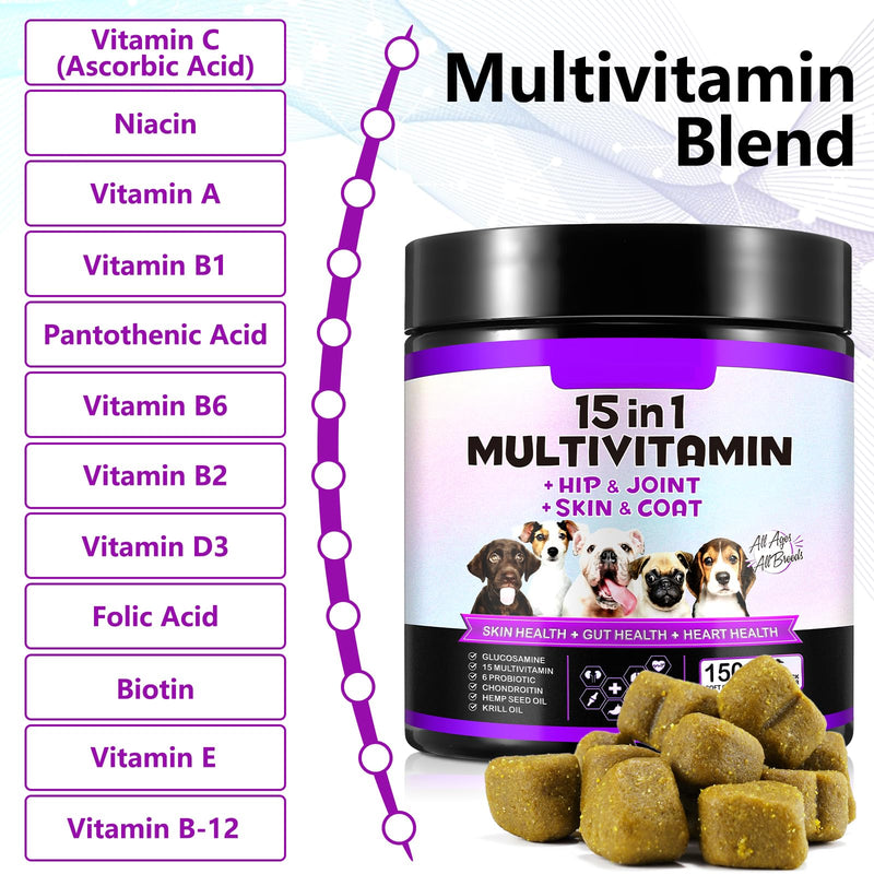 15 in 1 Dog Multivitamin Chewable, Dog Multivitamin Chews for Hip and Joint, Skin Coat, Gut Health, Immune System, 150 Chews with Duck Flavour for Small, Medium and Large Dogs (150 PCS)
