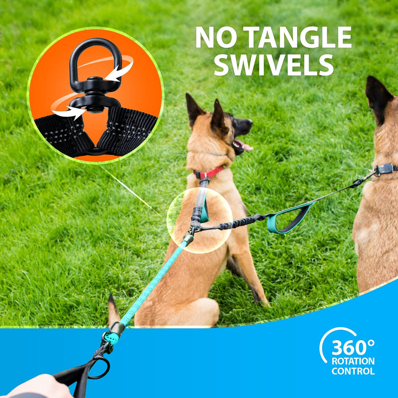 SparklyPets Double Dog Leash for 2 Dogs – Rope Bungee Dual Leash for Medium and Large Dogs with Padded Handles & Tangle Free (Teal, Medium/Large) Teal - BeesActive Australia