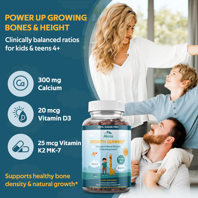 Akros Growth Gummies for Kids & Teens | Sugar-Free Calcium + Vitamin D3 & K2 Gummies - Height & Bone Support | Ashwagandha, Spirulina, L-Arginine | Non-GMO, Gluten-Free, 60 Raspberry-Watermelon Bears