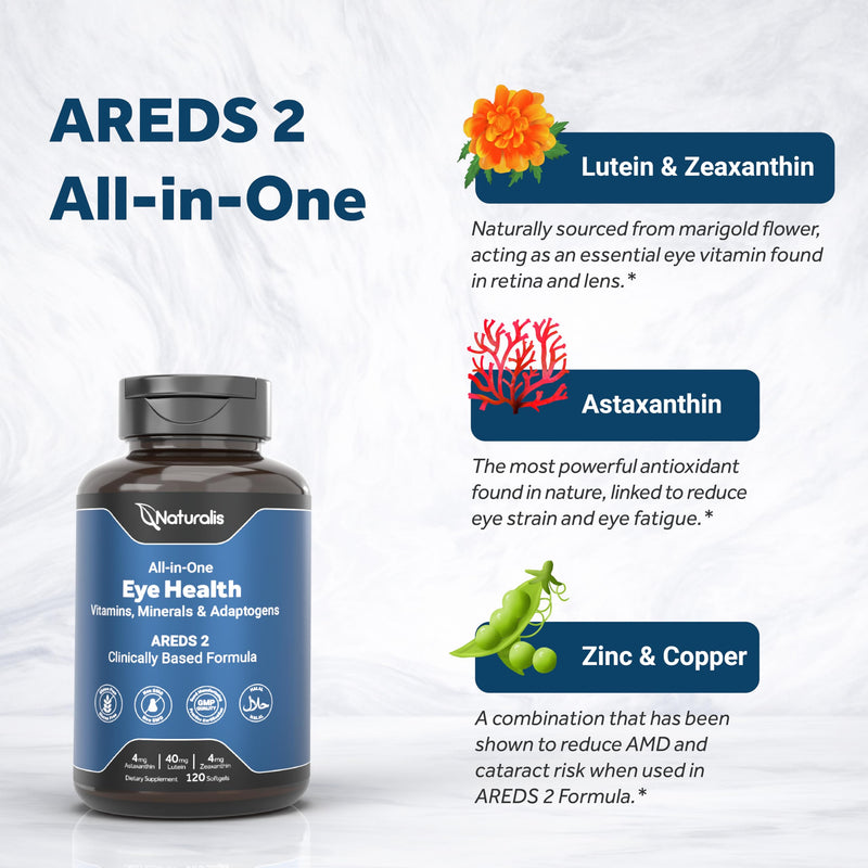 Naturalis Areds2 120 Softgels | Clinically Based Eye Supplement | Lutein, Zeaxanthin, Astaxanthin, Bilberry, Blueberry, Cranberry & Grape Seed Adaptogen Blend 120 Count (Pack of 1)