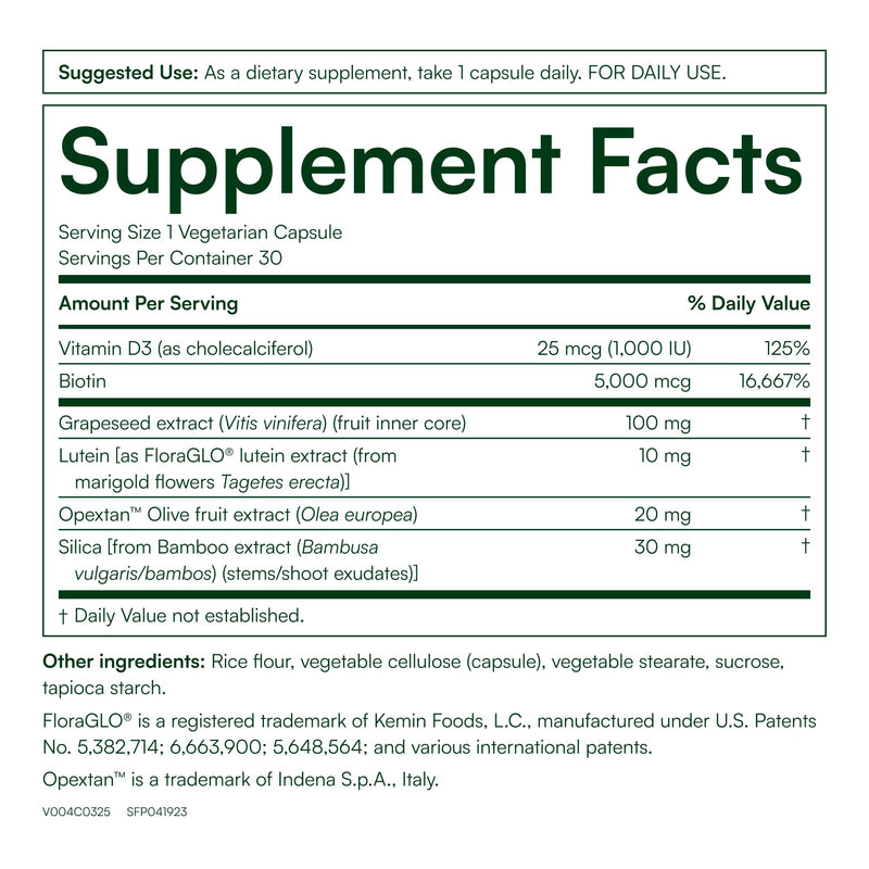Purity Products - Hair, Skin and Nails Super Formula,30 Capsules | Biotin (5000 mcg), Vitamin D2 (1,000 IU), Grapeseed (100mg), Lutein (10mg), Olive Fruit Extra (20mg), and Silica (30mg)