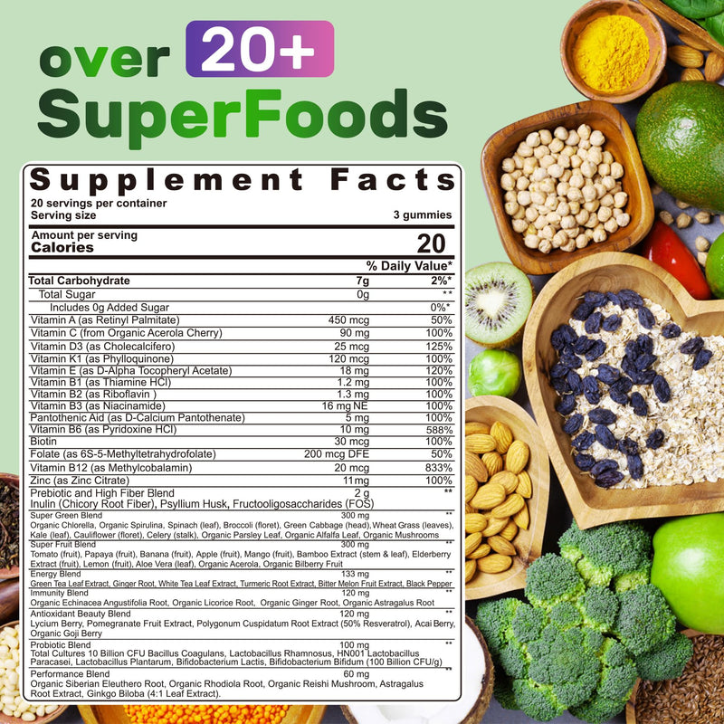 Super Greens Multivitamin Gummies, w/Spirulina, Chlorella, Multivitamins | Greens Superfood Gummies + Prebiotic Fiber, Adaptogens, Adults Vitamins for Gut Health, Immunity, Focus & Energy, 60Cts 60 Count (Pack of 1)