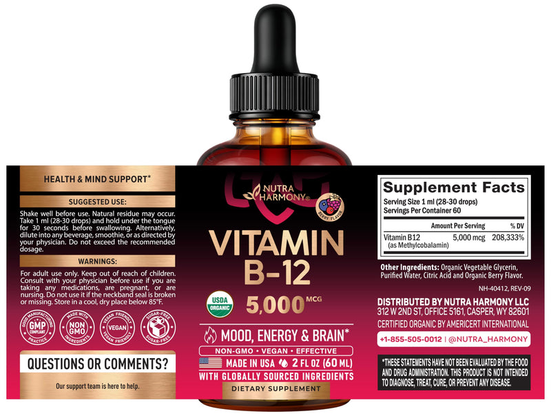 USDA Organic Vitamin B12 Sublingual Drops - Methylcobalamin 5000 mcg - 2 Oz | Vitamin B12 for Women & Men - Energy Boost, Focus & Brain Support - Bioavailable - Berry Flavor, Sugar-Free - 60-Day Supply Drops 2 fl oz