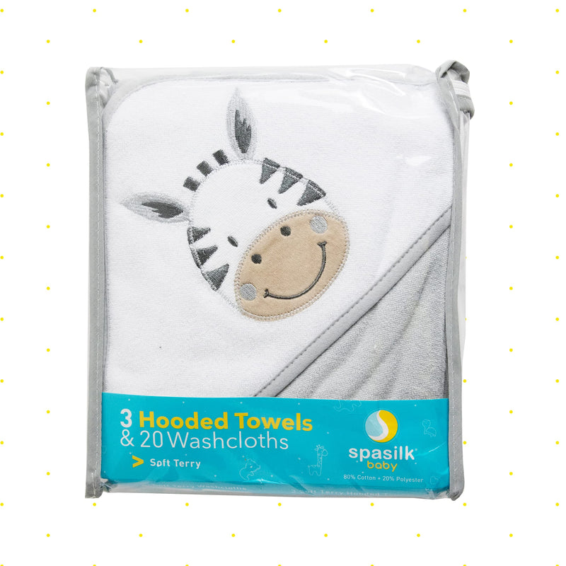 Spasilk 23-Piece Soft Terry Hooded Bath Towel and Washcloth Gift Set, 3 Baby Towels and 20 Baby Washcloths for Newborn Boys and Girls, Baby Bath Essentials, Ideal, White Zebra - BeesActive Australia