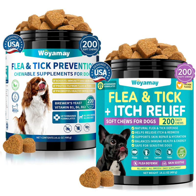 Woyamay Dog Flea Care Bundle – Flea Prevention Soft Chews + Flea & Itch Relief Chews, Skin, Coat & Immune Support, Anti-Itch, Daily Oral Flea Treatment for Dogs