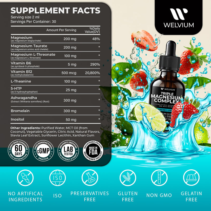 Triple Magnesium Complex Liquid Drops with Ashwagandha, L-Theanine, 5-HTP | Magnesium Glycinate Supplement, L-Threonate & Taurate, Ashwagandha, L-Theanine, 5-HTP, Vitamins B6, B12, Bromelain & Inositol
