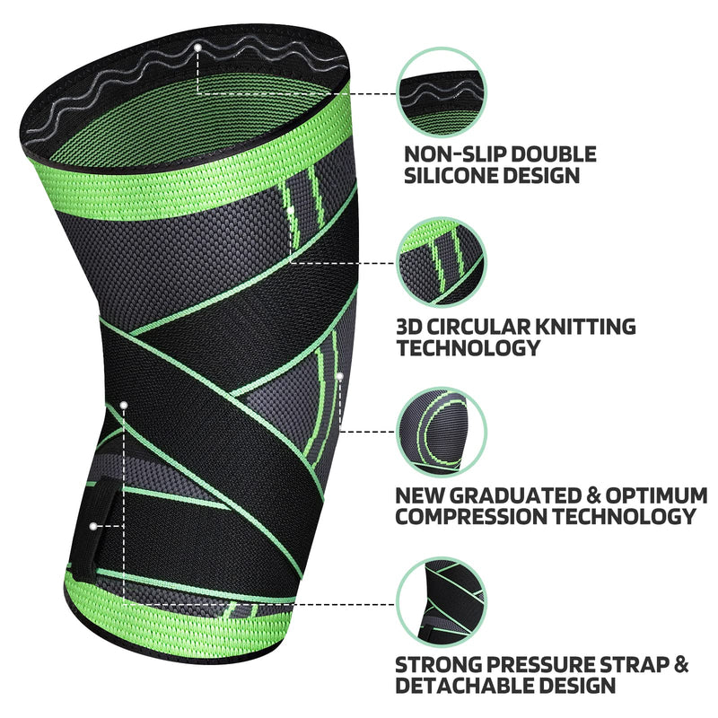 Knee Brace with Straps for Women/Men, Knee Compression Sleeve for Knee Pain, Arthritis, ACL, PCL, Meniscus Tear, Joint Pain Relief. Knee Support for Running, Workout, 1 pcs (Green, L/XL) Green, L/XL - BeesActive Australia