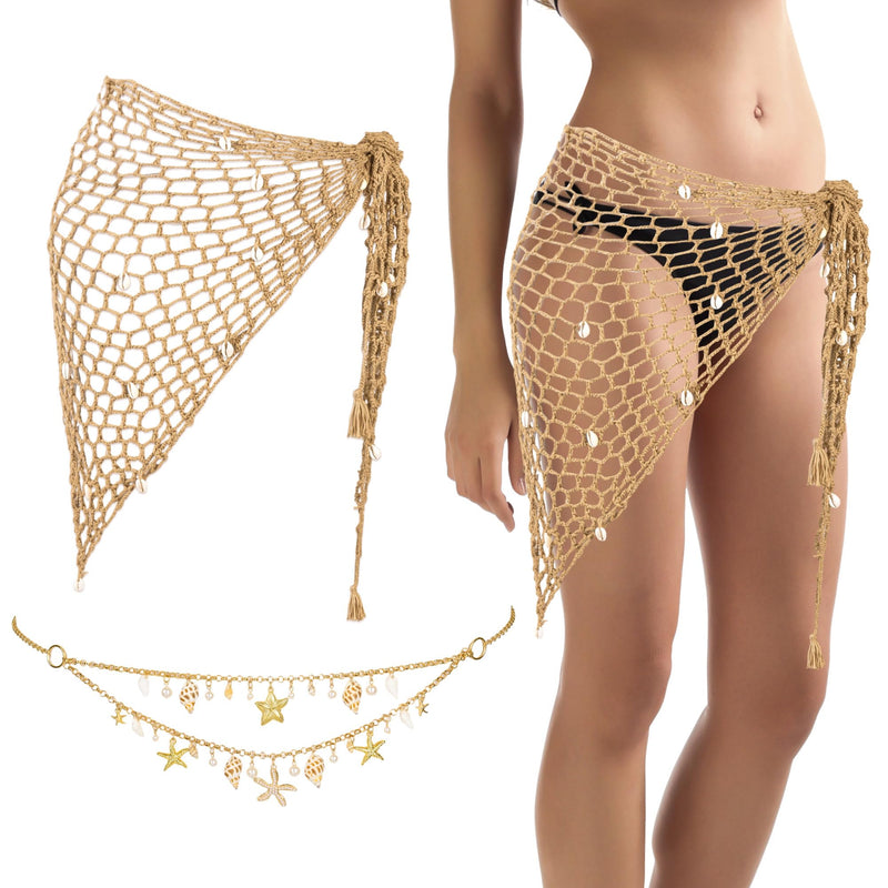 Women Mermaid Skirt Crochet Cover Up with Seashell Waist Chain Hollow Out Swimsuit Shell Beach Fishnet Skirt Bikini Wrap Brown - BeesActive Australia