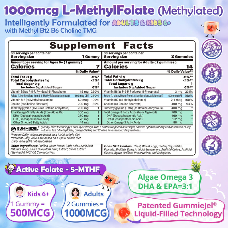 L-Methylfolate 1000mcg Methyl B12 Gummies + Omega-3 for Kids & Adults, 60Ct | Methylated Active 5-MTHF + Methyl B12, Choline TMG B6, DHA:EPA=3:1, Supports MTHFR Gene, Brain Energy Methylation, Sugar Free 60 Count (Pack of 1)