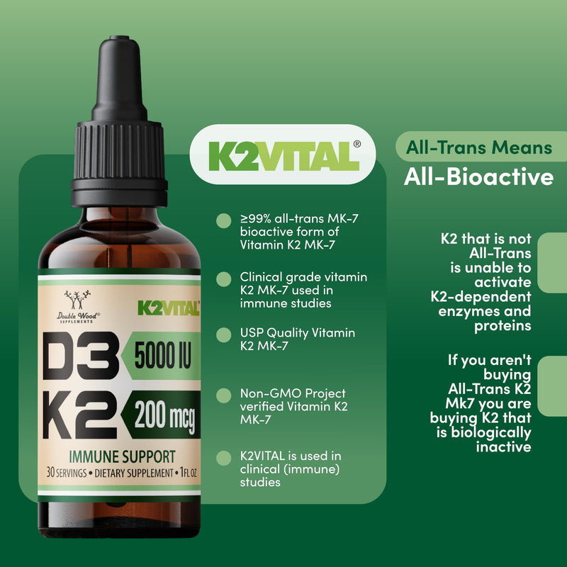Vitamin D3 K2 5,000 IU Liquid Drops (5,000 IU of D3 and 200mcg of 99.9% All-Trans Patented K2 MK-7 (K2Vital)) Max Absorption Liquid Vitamin D Drops (30 Servings) by Double Wood (Pack of 2) 1 Fl Oz (Pack of 2)