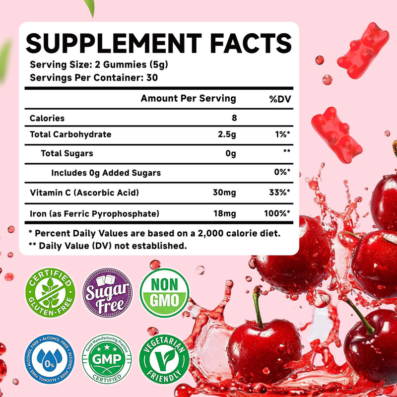 Iron Gummies with Vitamin C, High Absorption 18mg Iron Supplements for Adults & Kids, Blood Builder & Energy Support for Women and Men, Gentle on Stomach, Cherry Flavor, 60 Count