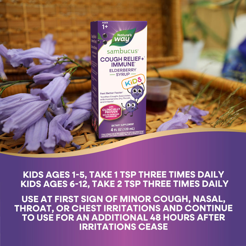 Nature's Way Sambucus Kids Cough Relief +(1) Immune Syrup*, Vegan, 4 Fl Oz | Feel Better Faster(1), Clinically Proven South African Geranium, with Elderberry Extract, Vitamin C & Zinc, Gluten Free 4 Ounce