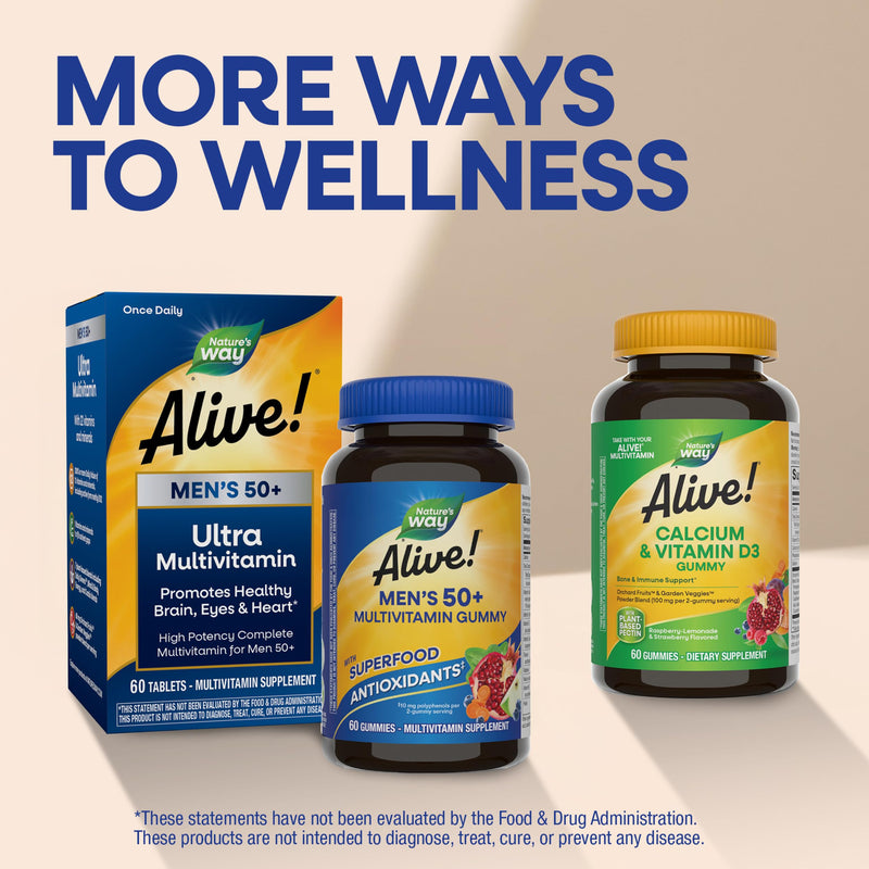Nature's Way Alive! Men’s 50 Plus Multivitamin Gummy, Fruit-Flavored, 60 ct | Daily Chewable Multivitamins for Men with B-Vitamins, Vitamin D3 & Zinc, Supports Heart, Eye & Energy Metabolism,* 60 Count (Pack of 1)