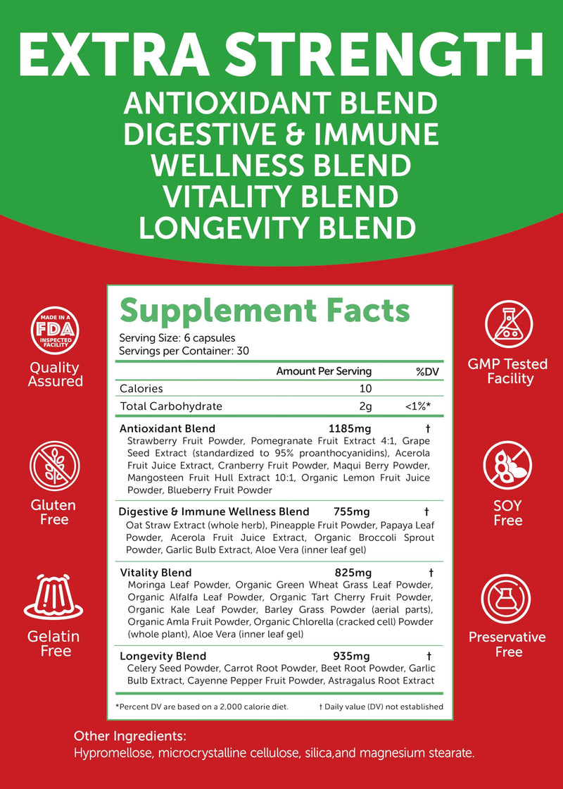 Lunakai USA Made Fruits & Veggies Supplement with 4 Superfood Blends, 180ct | Daily Greens & Reds Capsules with Antioxidants and Plant-Based Nutrients to Support Digestive & Immune Wellness 180 Count (Pack of 1) Superfood Fruits Capsules