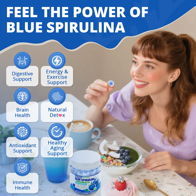 Organic Blue Spirulina Chlorella Gummies, High Phycocyanin Superfood, 120Ct | With CoQ10, Vitamin C, Taurine & Green Tea, Nutrient-Rich Blue-Green Algae, Antioxidant, Energy & Daily Support, Sugar Free 60 Count (Pack of 2)