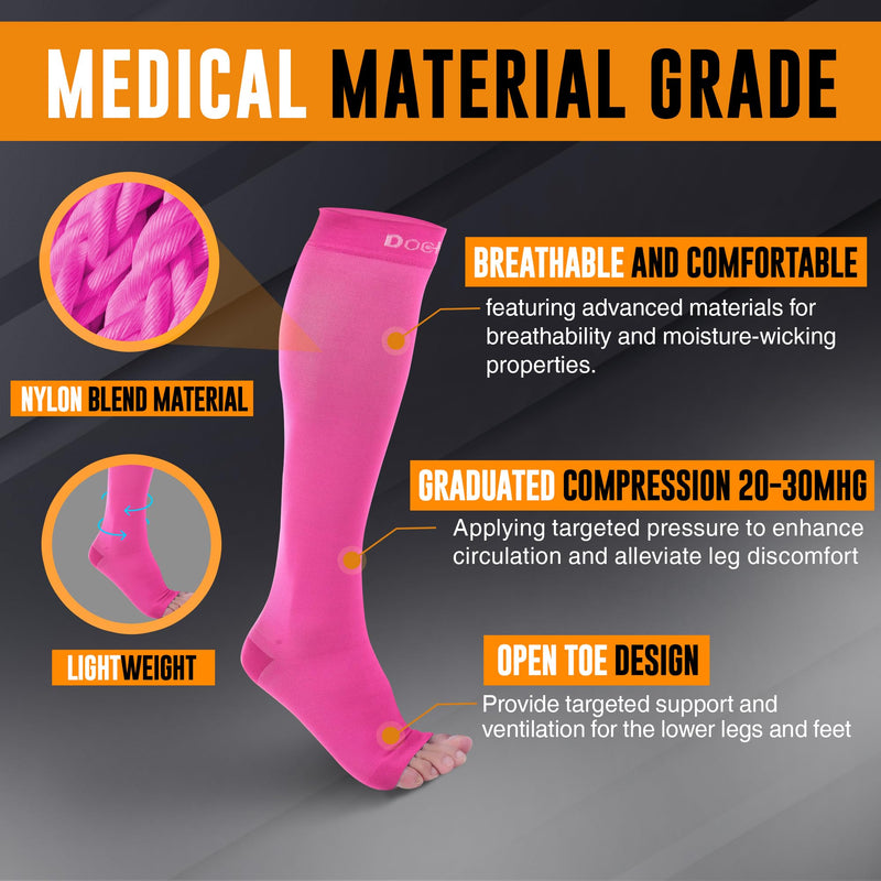Doc Miller Open Toe Compression Socks, 20-30 mmHg, Toeless Compression Sleeves for Legs, Knee High Stockings for Shin Splints, Varicose Veins, Travel, Calf Support & Muscle Recovery, Men & Women, Pair Medium Pink - BeesActive Australia