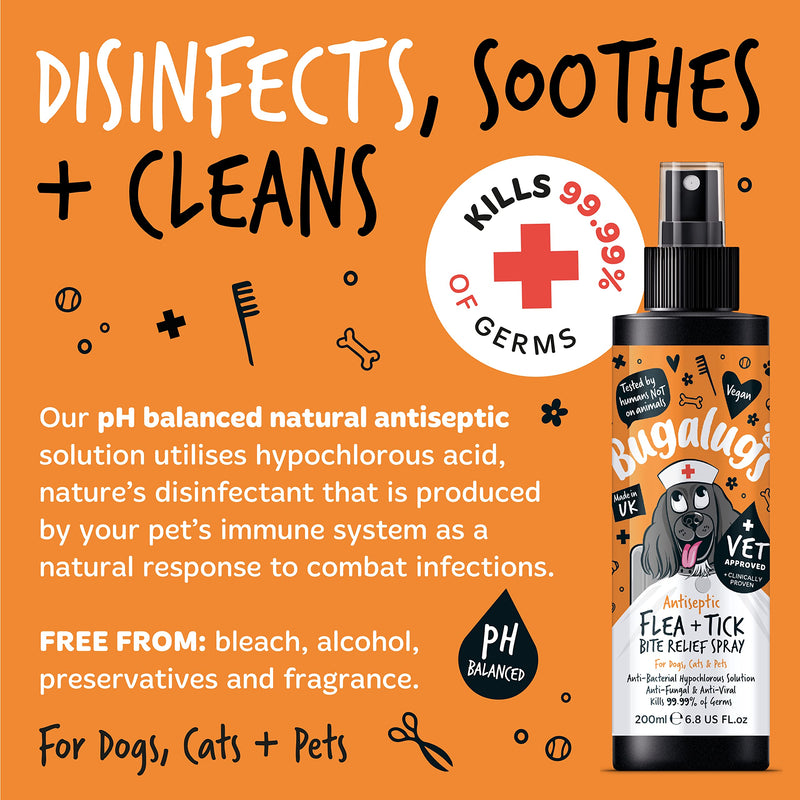BUGALUGS Insect Bite Relief Antiseptic spray for dogs 200ml, puppy, cats & pets - Dog grooming Antibacterial, Antifungal for dog itchy skin relief - use alongside our flea shampoo for dogs
