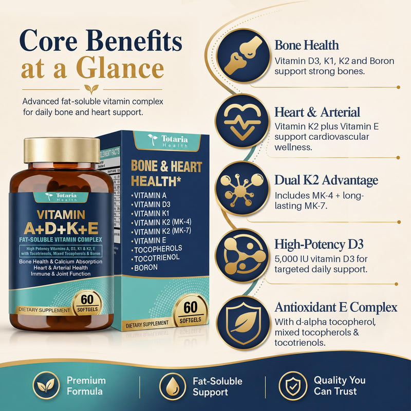Totaria Advanced Vitamin D3 5,000 iu + A + K + E Softgel Supplement, ADKE Vitamin Supplement with Boron - Full Spectrum Vitamin E (Tocopherols & Tocotrienols) for Mood, Immune, Bone, Vision, Heart