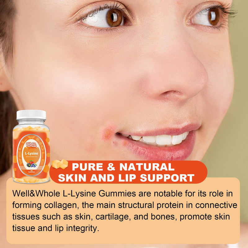 L-Lysine Gummies 1000mg - L-Lysine Supplements for Kids and Adults - Lip and Cold Sore* Support for Women - Chewable Lysine Gummies with Vitamin B12 - Vegan, Non GMO, Gluten-Free, 60 Counts 1