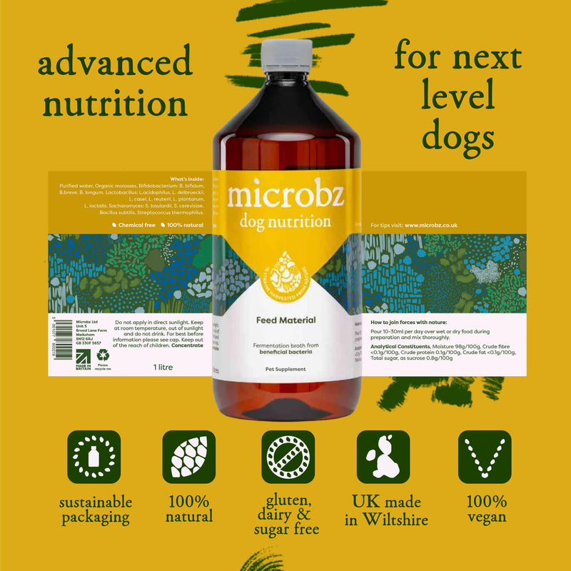 MICROBZ DOG NUTRITION | 1 Litre | Liquid Beneficial Microbes for Dogs Gut Health, Digestive Care & Coat Health – Gluten & Dairy Free, 100% Natural - Up to 100 Servings