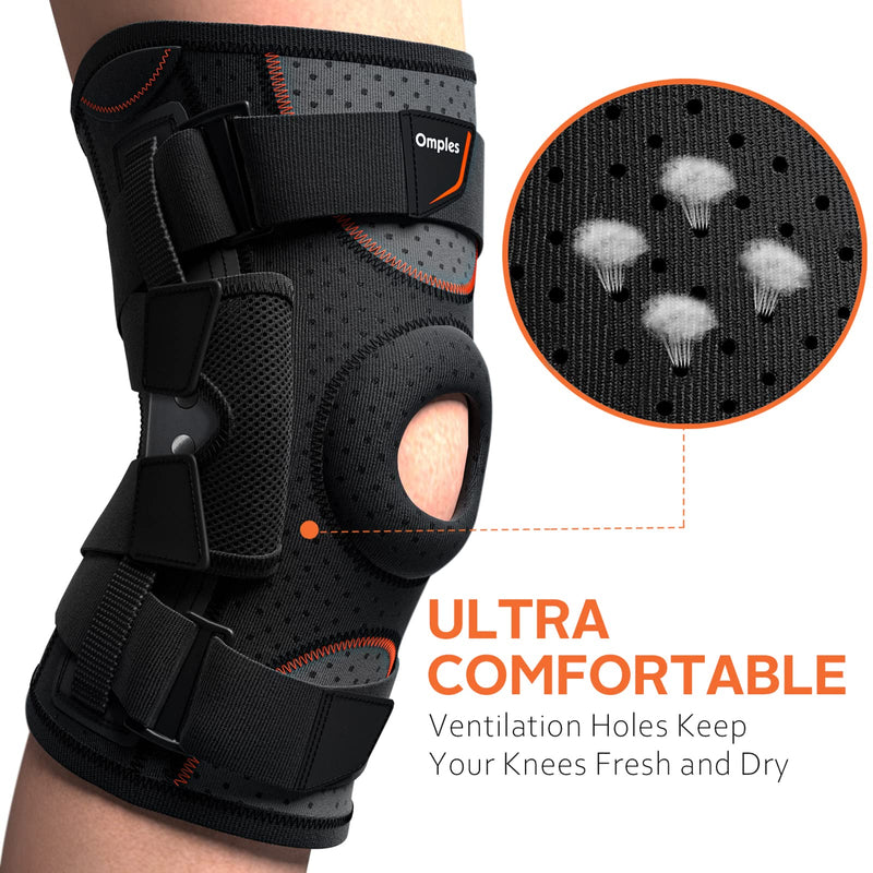 Omples Hinged Knee Brace for Knee Pain, Meniscus Tear Knee Support with Side Stabilizers for Men and Women Patella Knee Brace for Arthritis Pain Running Working Out Black (X-Large) X-Large