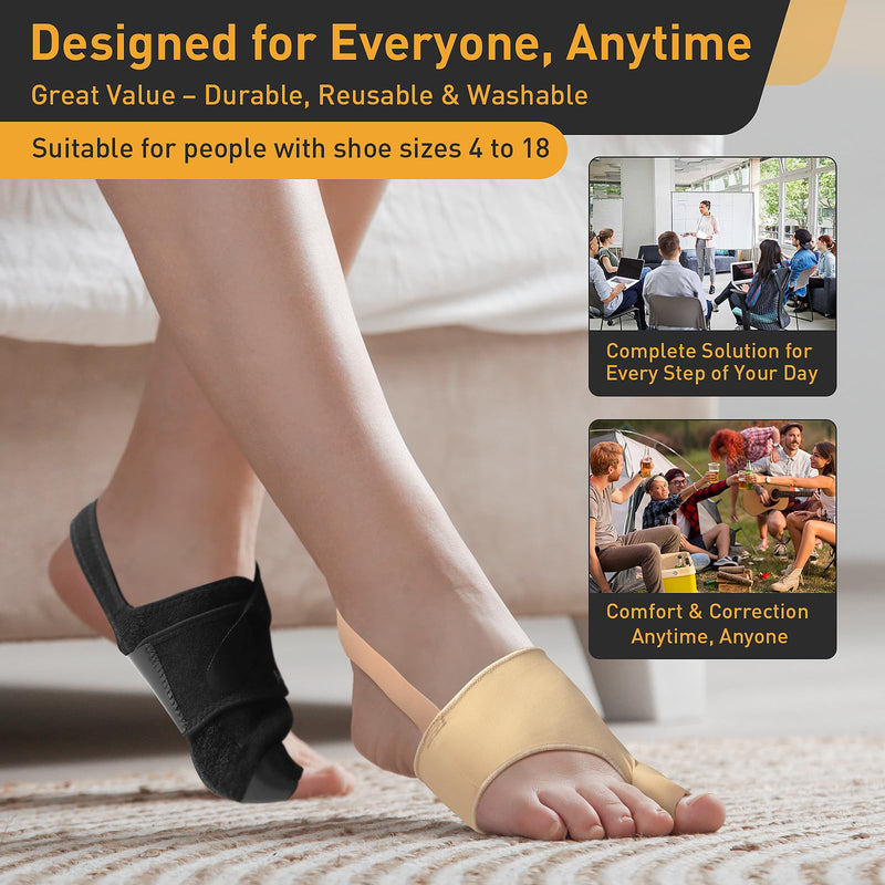 4PCS Bunion Corrector for Women & Men, 2PCS Big Toe Straightener with Splint & Pads（2-4hours,) 2PCS Big Toe Separator with Silicone Padding (24hours), bunion relief Reduce Pain, Washable(Black) R/L