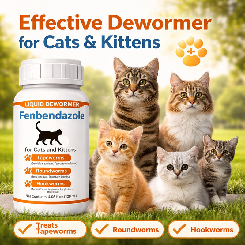 Cat Dewormer Liquid for Cats & Kittens, Fenbendazole Broad Spectrum for Tapeworms, Roundworms & Hookworms, Supports Intestinal Health, 120ml