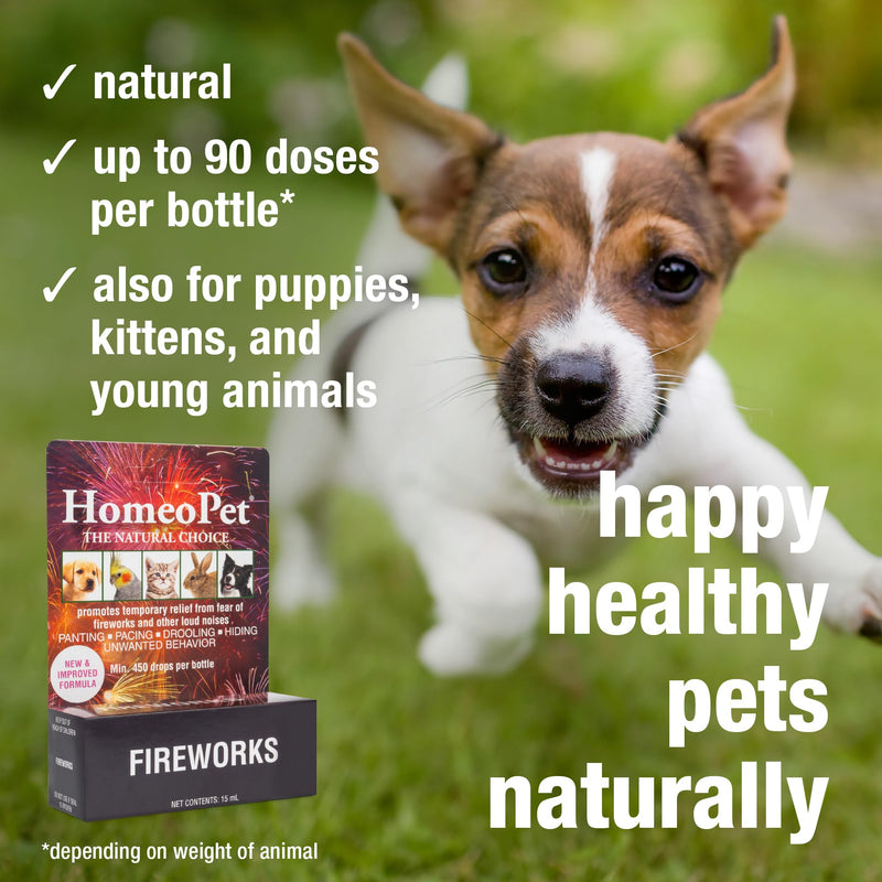 HomeoPet Fireworks, Safe and Natural Loud-Noise-Anxiety Calming Supplement for Cats, Dogs, and Other Small Animals, 15 Milliliters