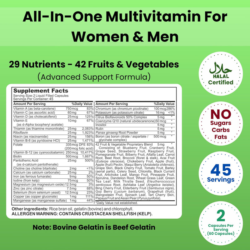 SHIFAA NUTRITION Halal Vitamins, Multivitamin for Women & Men – Comprehensive Support for Heart, Brain, Eye & Immune Health – Gluten, Dairy & Egg Free Mens Vitamins Multivitamin (45 Day Supply) 90 Count (Pack of 1)