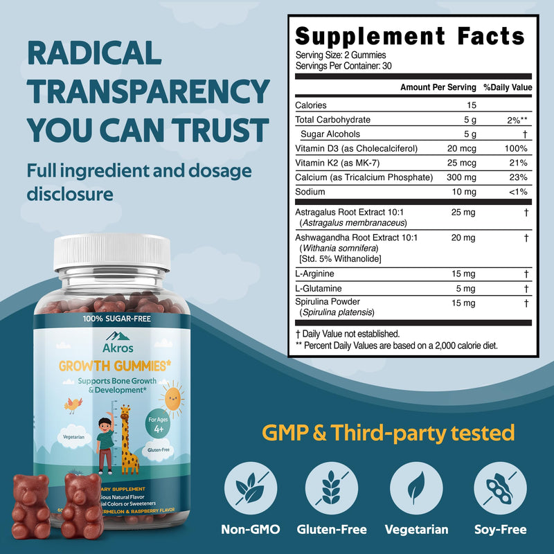 Akros Growth Gummies for Kids & Teens | Sugar-Free Calcium + Vitamin D3 & K2 Gummies - Height & Bone Support | Ashwagandha, Spirulina, L-Arginine | Non-GMO, Gluten-Free, 60 Raspberry-Watermelon Bears
