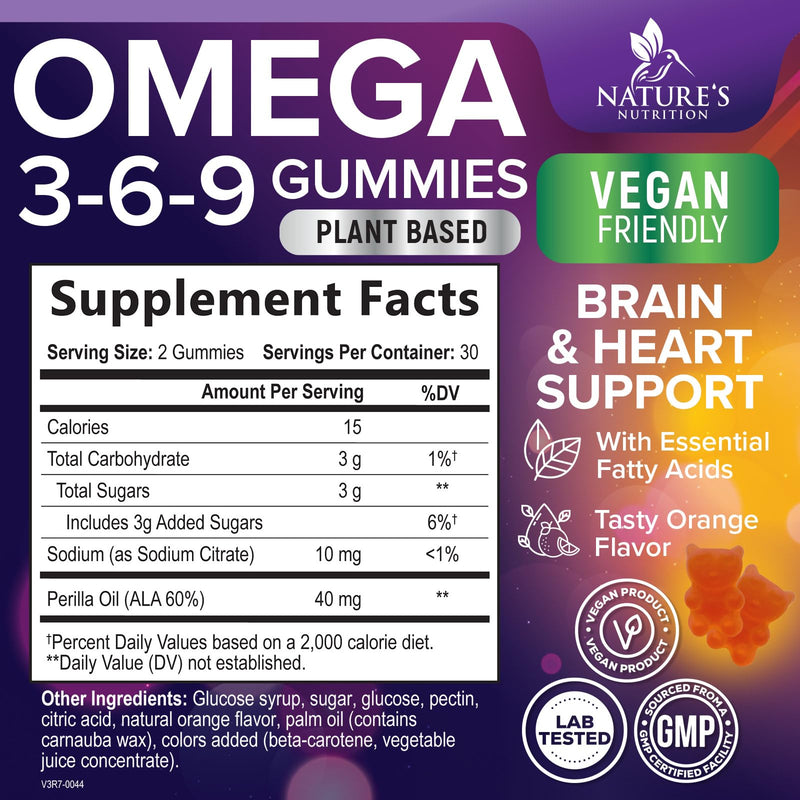 Omega 3 6 9 Gummies - Vegan Omega 3 Supplement Gummy - Essential Fatty Acids Oil 369 Complex Heart Support & Brain Support for Women, Men & Pregnancy, Fish Free Non-GMO, Orange Flavored - 60 Gummies 60 Count (Pack of 1)