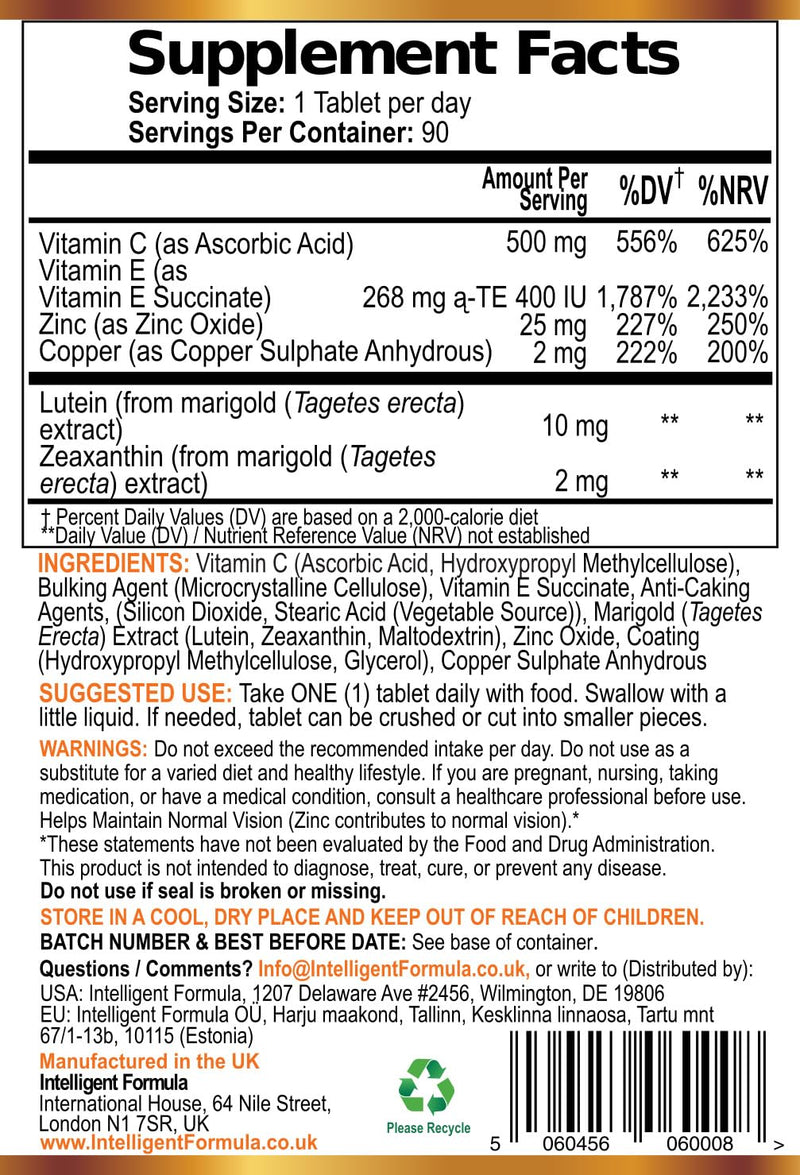 Vision Defender AREDS2 Eye Vitamins - Lutein Zinc Copper, Vegan, 90 Tablets | Eye Health Supplements, Vitamin C & E, Zeaxanthin, 6 Active Nutrient Formula, 1-a-Day, 3 Month Supply, Gluten & Lactose Free