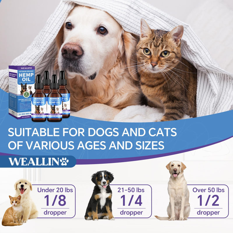 WEALLIN Hemp Oil for Dogs and Cats - Omega-3, 6, 9 Rich Organic Extract - Eases Pet Anxiety, Pain, Skin & Coat Health - Stress Relief, Hip & Joint Support - Calming Treats (4 Pack) 4PC