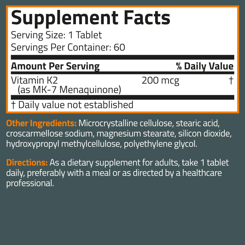 Bronson Vitamin K2 MK-7 200mcg Extra Strength, 60 Vegetarian Tablets Unflavored 60 Count (Pack of 1) - BeesActive Australia