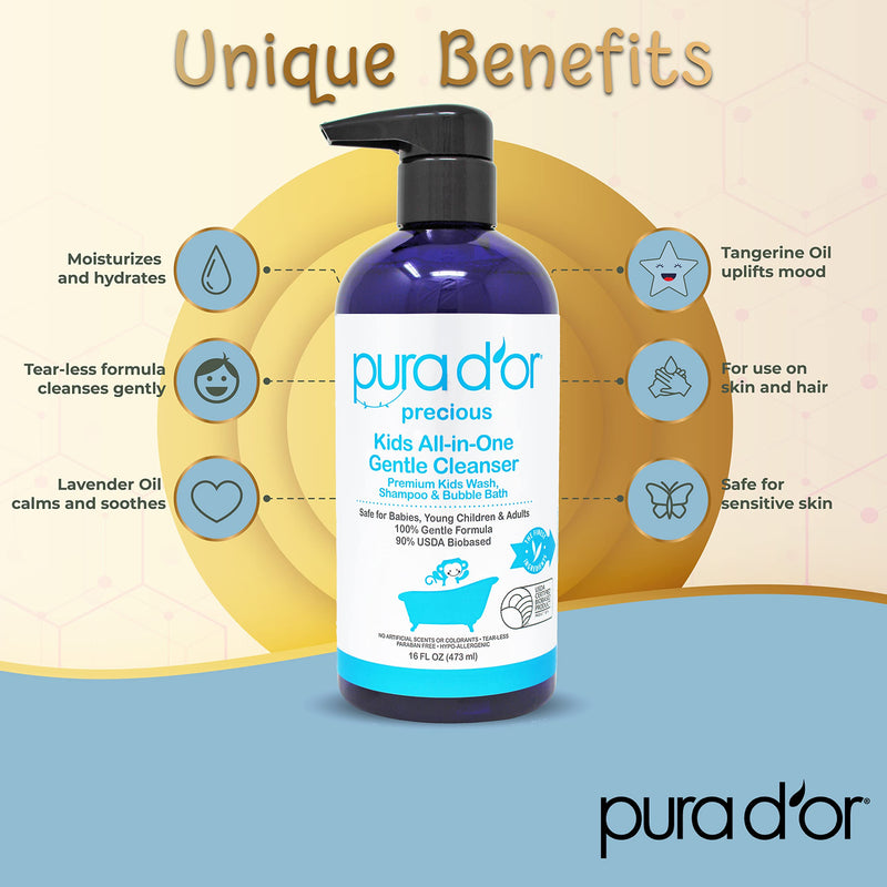 PURA D'OR 16 Oz Kids Wash - All-in-One Gentle Cleanser - USDA Biobased, Sulfate-Free, Tear-Less, Hypoallergenic, Premium, Shampoo & Bubble Bath 16 Fl Oz (Pack of 1) - BeesActive Australia