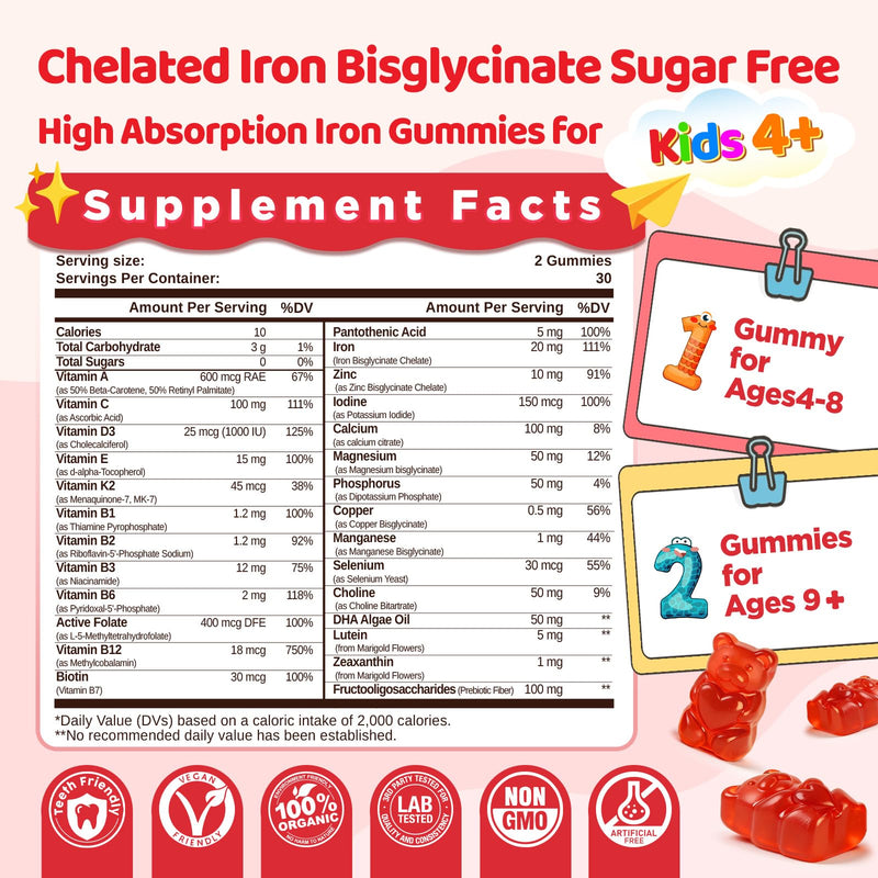 duwhot Iron Gummies for Kids Teens, Gentle Iron Bisglycinate with Vitamin C | Chewable Iron Supplement plus Multivitamins, Minerals & More, Energy, Immunity & Blood Support, Sugar Free, Vegan, 60 Chews