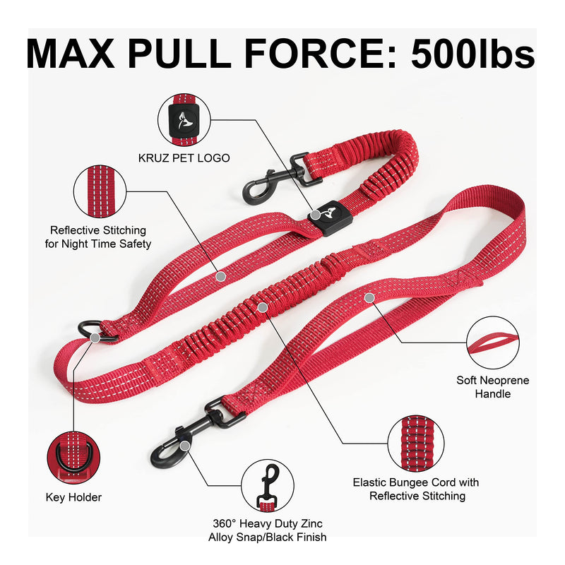 Kruz Hands Free Dog Leash (Waist 26”- 48”, Leash- 1”x 5ft) Premium Waist Belt for Walking, Running, & Hiking, Bungee with Dual Handles, Adjustable Fit, Reflective Safety Design for Large Dogs (Black) Black