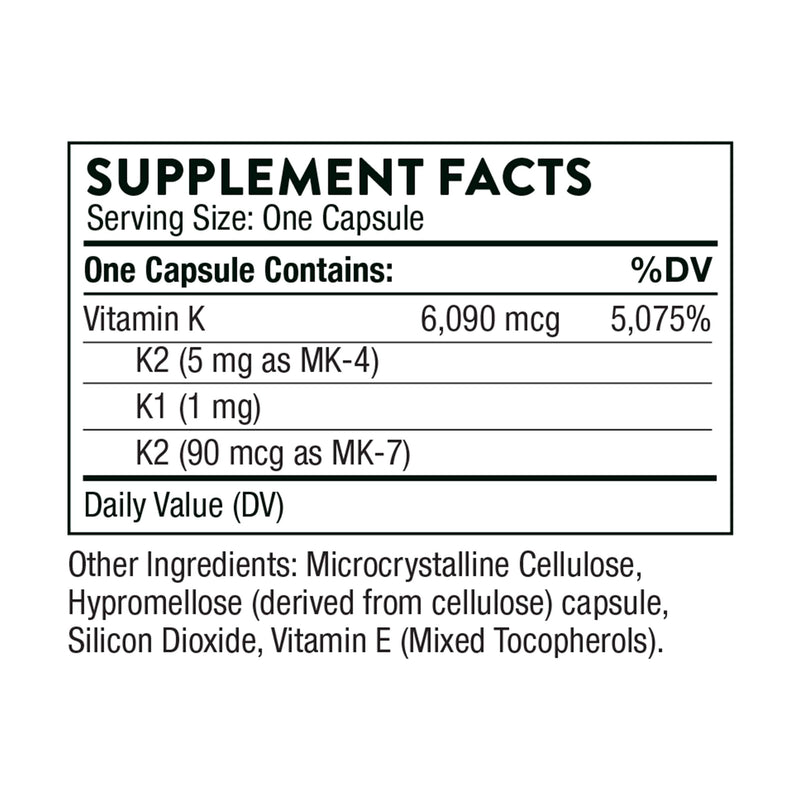 THORNE Vitamin K (Formerly 3-K Complete) - Vitamins K1 and K2 (as MK-4 and MK-7) - Supports Strong Bones - 60 Capsules - BeesActive Australia