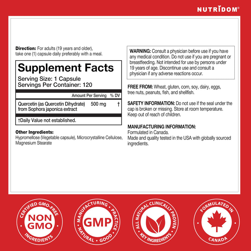 Nutridom Quercetin 500mg - Quercetin Dihydrate from Sophora Japonica Extract - Plant-Based Bioflavonoid for Immune and Cardiovascular Support - Non-GMO, Vegan, Gluten Free - 120 Vegetable Capsules