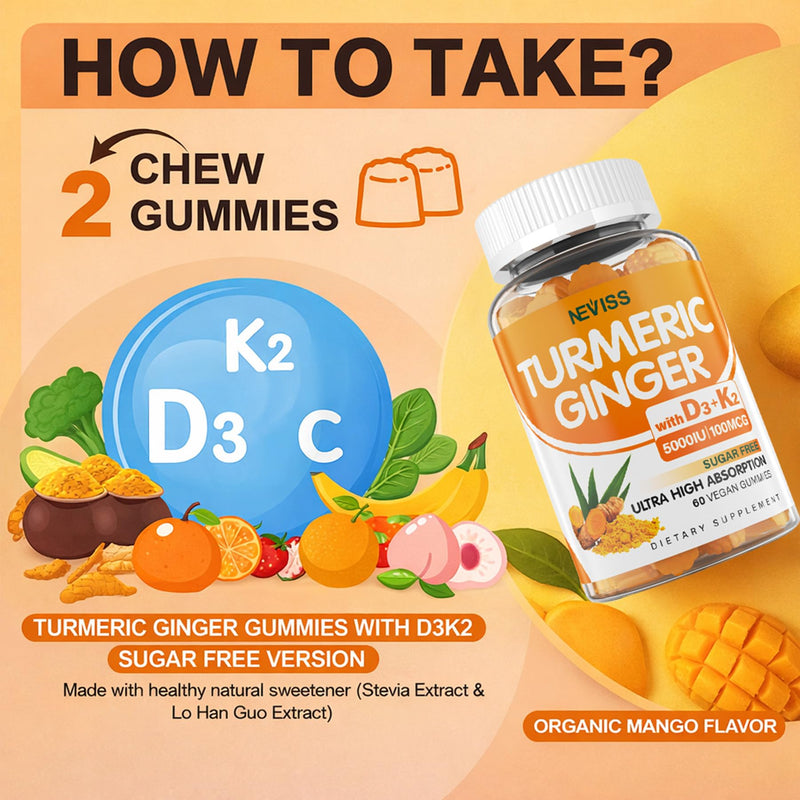 Turmeric Ginger Gummies 1500mg w/Vitamin D3 K2, Sugar Free, Vegan, 60ct | Organic Turmeric Curcumin Gummy for Women & Men with 5000IU D3 Vitamin & MK-7, Immune & Digestive Support, Mango Flavor 60 Count (Pack of 1)