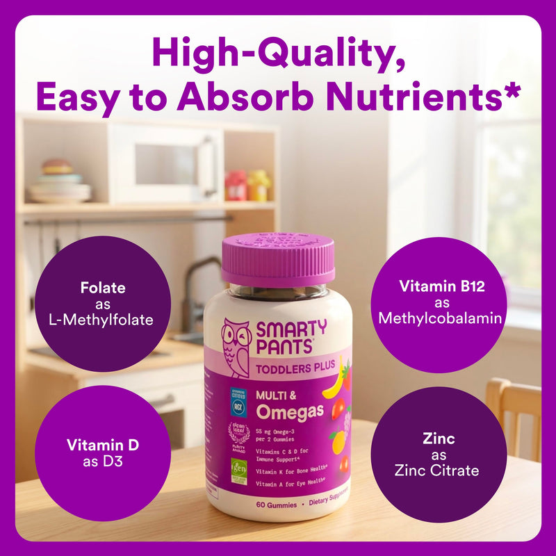 SmartyPants Toddler Plus Multi & Omegas Multivitamin Gummies, Omega 3 DHA/EPA, Vitamins D3, C, B12, B6, A, K, Zinc, Biotin, Gluten Free, Clean Label, Low Sugar, 3 Flavors, 120 Gummies (60 Day Supply) 120 Count (Pack of 1) Multi + Omega - 60 Day Supply