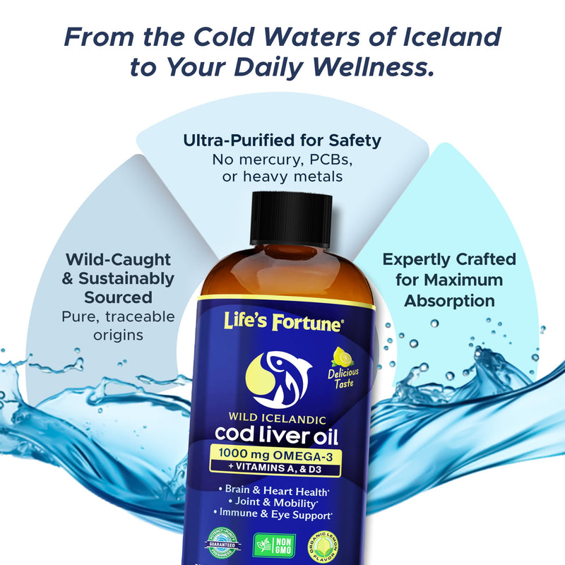 Life's Fortune Cod Liver Oil Liquid Organic Lemon Flavor (8 Oz) 1,000 mg Omega + Vitamin A, E & D3 - Supports Immune Health - 100% Fish Oil Supplement from Wild Ocean Cod-GMO Free 8 Fl Oz (Pack of 1)