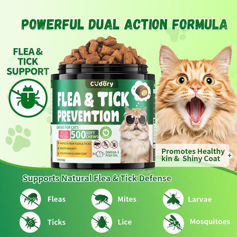 Flea and Tick Chews for Cats - Natural Flea Tick Support for Cat All Breeds & Ages - Nourishes Skin & Coat Health - Energy Support