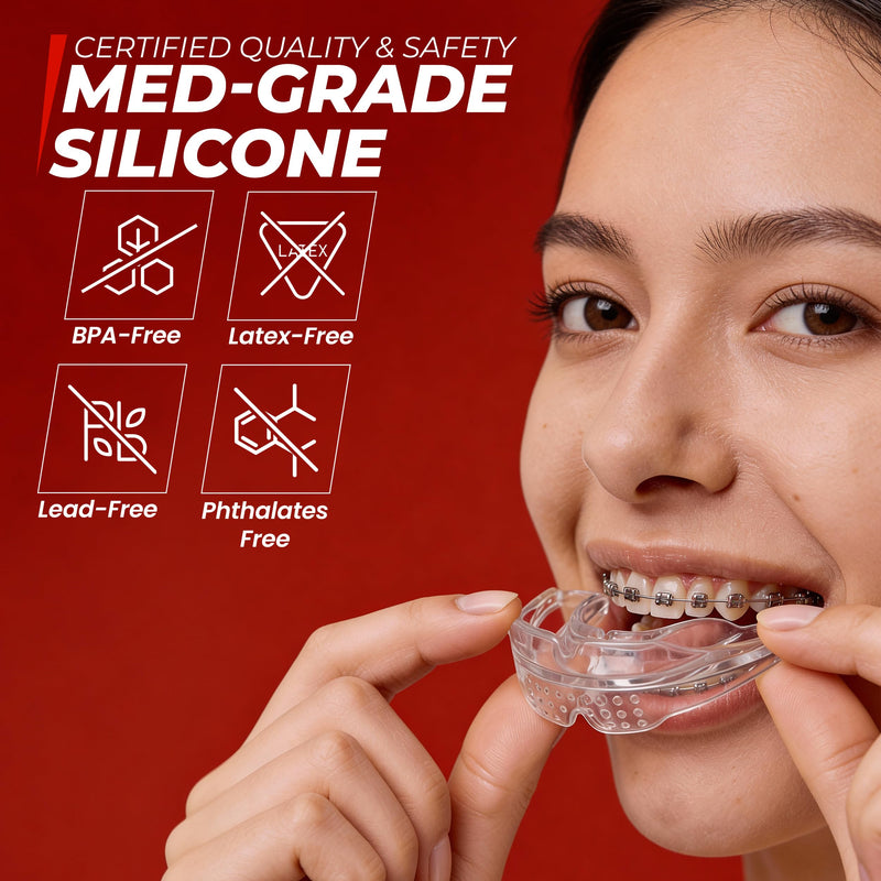 Mouth Guard for Sports - Premium Silicone Upper & Lower Teeth Protection - Football, Lacrosse, Hockey, Baseball - Fit for Youth and Teens (Transparent, MouthGuard for Braces) Transparent - BeesActive Australia