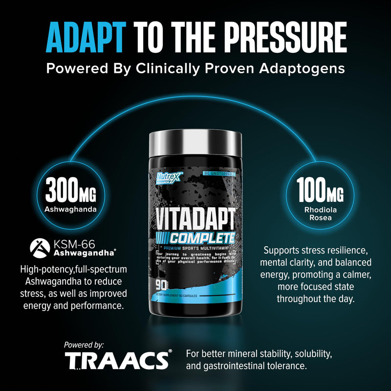 Nutrex Research Vitadapt Complete Sports Multivitamin for Men - 24 Vitamins, KSM-66 Ashwagandha and Minerals for Athletes - Mens Multivitamin (90 Capsules) 1