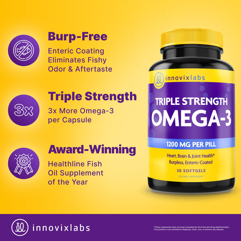 InnovixLabs Triple Strength Omega 3 Fish Oil 900 mg EPA DHA (30 Softgels) | Omega 3 Supplement for Women & Men, Burpless, Brain & Joint Support, Omega-3 Fatty Acid, No Fishy Aftertaste, 30-Day Supply 30 Count (Pack of 1)