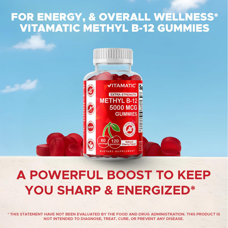 Vitamatic 2 Packs Extra Strength Vitamin B12 5000 mcg (Methyl B12) Gummies - 120 Count - Energy Metabolism Support and Nervous System Health Support, Natural Cherry Flavored | Extra Strength, Energy Metabolism Support and Nervous System Health Support*...