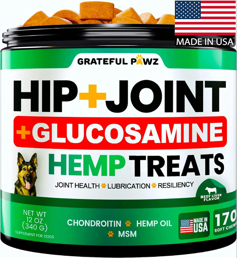 Grateful Pawz Hemp Hip and Joint Supplement for Dogs - Glucosamine for Dogs - 160 Joint Pain Relief Treats - Chondroitin, MSM - Advanced Health Supplement - Beef Liver Flavor - Made in USA 160 Chews
