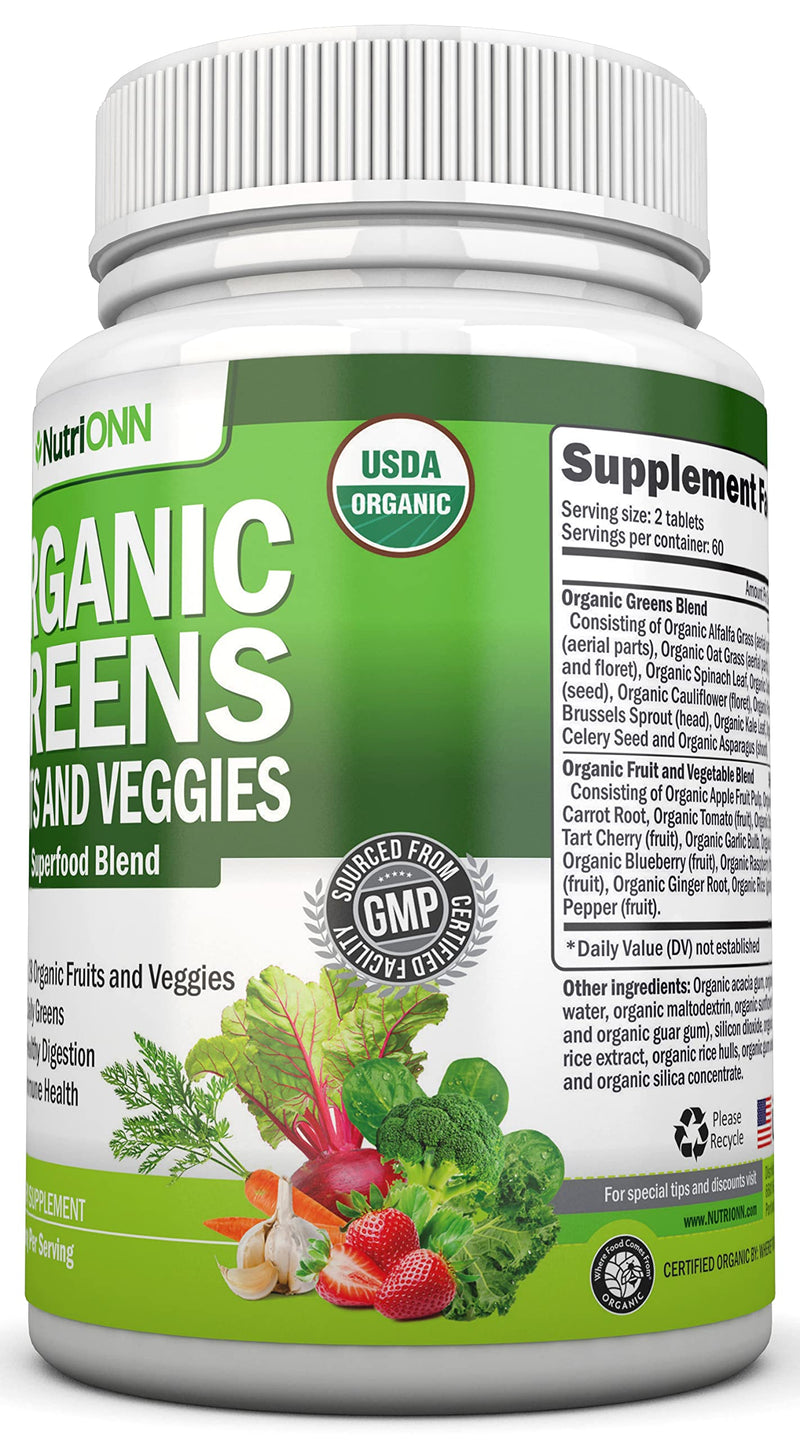 Organic Super Greens Capsules - Fruit And Vegetable Supplements - 120 Count - 28 USDA Organic & Vegan Premium Ingredients - Superfood Blend For Immune Health, Digestion & Energy - Whole Food Vitamins